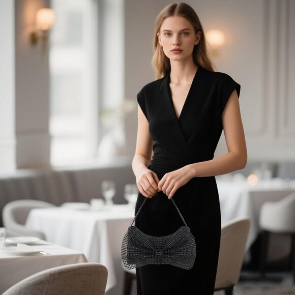 🆕Women Black Rhinestone Evening Clutch Purse, Sparkly Bowknot Small Handbag - Picture 3 of 6